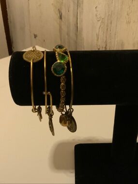 Alex and Ani Gold-Tone Bangle Set with Emerald Green Accents